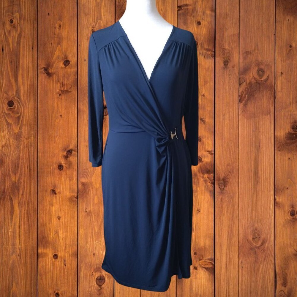 Apt. 9 SIZE MEDIUM BLUE FAUX WRAP DRESS BUCKLE ACCENT OFFICE 3/4 SLEEVE NEW